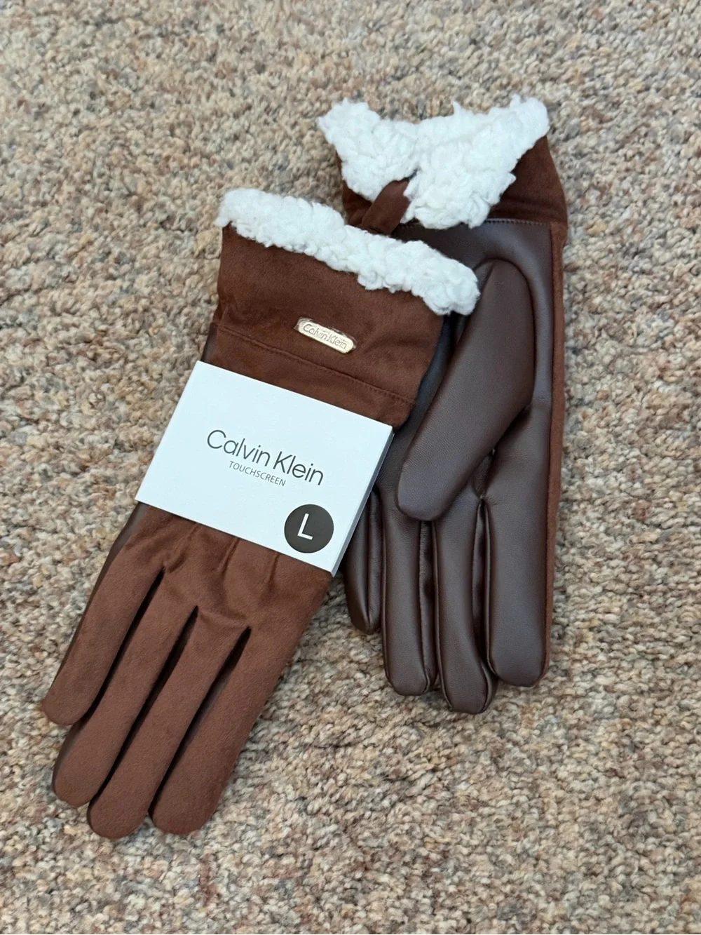 NWT - Calvin Klein - Woman's Brown Faux-Shearling Trim Touchscreen Gloves